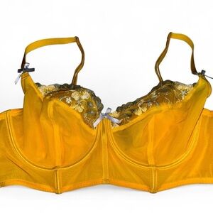 ADORE ME - 38DD, Yellow Floral Lace Bra with White Bow Detail